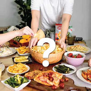 Different food on a table with Hey! Chips healthy chips and a question mark in the middle.